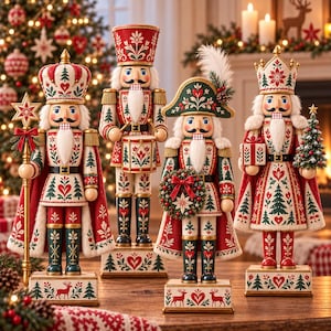 May include: Four wooden nutcracker figurines standing on rectangular bases. Each figure wears a detailed uniform with red, green, and white patterns, including pine trees and hearts. They hold accessories like a star staff, drum, wreath, and gift.