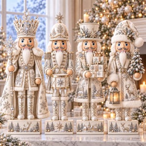 Pode incluir: Quatro figuras decorativas de quebra-nozes numa paleta de cores creme e prata. Cada figura veste um traje ornamentado com tema de inverno com detalhes de flocos de neve, acabamento em pele sintética e uma base retangular com motivos.
