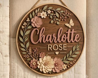 Personalized Baby Girl Nursery Door Sign, Custom Name Wooden Round Sign, Garden Rose Floral Wall Decor, Baby Shower Gift, Newborn Room Art