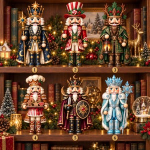 May include: Six decorative nutcracker figurines arranged on wooden shelves. The collection includes a celestial king, a candy-themed figure, a forest-inspired character, a baker, a warrior with a shield, and an ice-themed figure with a snowflake staff.
