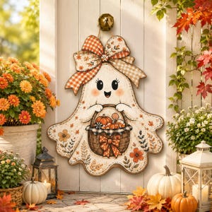 May include: A decorative ghost-shaped wall hanging featuring a large orange and white plaid bow at the top. The ghost has a smiling face and holds a brown woven basket filled with pumpkins and a lollipop, decorated with orange floral patterns.