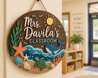 Custom Teacher Door Sign, Ocean Sea Themed Door Sign, Dive Into Learning Classroom Door Hanger, Back To School Gift, Classroom Sign Decor