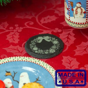 Christmas Wreath Coaster in Slate, coaster, Christmas coaster, Christmas gift, slate coaster, holiday gift, holiday coaster, custom coaster