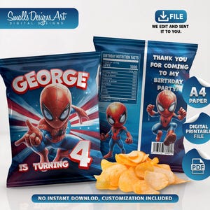 Etiqueta personalizada para bolsa de papas fritas de Spiderman: Fiesta temática de Spiderman (archivo digital A4, formato PDF)
