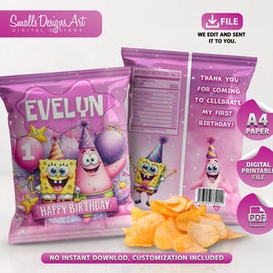 Personalized Sponge Chip Bag: Girl&#39;s Birthday Party Favor (Digital File)