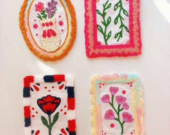 Hand Tufted Wall Art, Punch Needle Wall Hanging, Colourful Wall Ornamental, Mug Rug Modern Punch, Handmade Jewelry Box, Flower Jewelry Stand