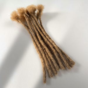 Peut inclure: Un faisceau de dreadlocks synthétiques brun clair présentant un aspect texturé et emmêlé. Chaque mèche individuelle possède une extrémité duveteuse et lâche sur le dessus, ainsi qu'une forme cylindrique effilée s'étendant vers le bas.