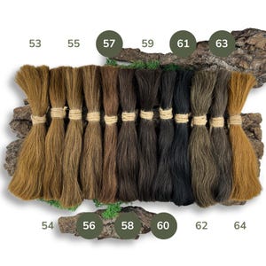 May include: A collection of 10 hair color swatches, numbered 53 through 64, arranged in a row on a wooden surface. The swatches range in color from light blonde to dark brown.