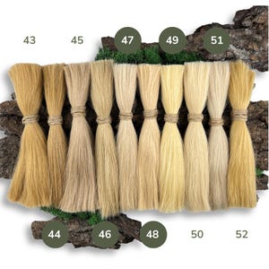 Puede incluir: Diez mechones de extensiones de cabello humano en varios tonos de rubio, numerados del 43 al 52. El cabello está dispuesto en una fila del más oscuro al más claro.