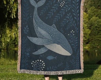 Majestic Whale Woven Blanket: 100% Cotton Ocean Tapestry