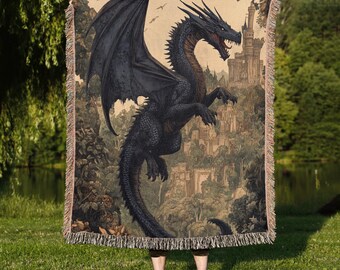 Black Dragon Woven Blanket: 100% Cotton Fantasy Throw