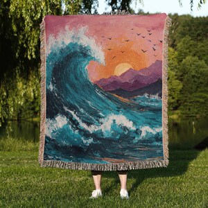Ocean Woven Cotton Throw Blanket: Sunset Sea Design - Etsy
