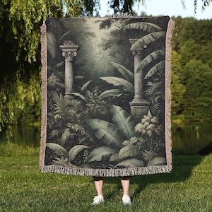 Misty Forest Tapestry: Gothic Botanical Woven Cotton Blanket