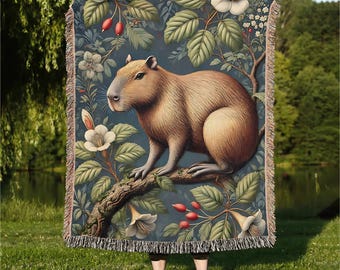 Manta tejida de capibara con flores victorianas: manta de algodón con flecos