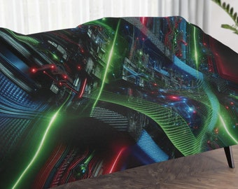 May include: A black throw blanket with a colorful abstract design featuring green, blue, and red lines and shapes. The design resembles a futuristic cityscape.