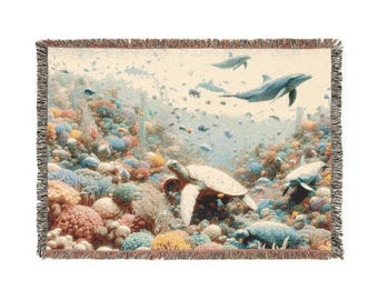 Busy Reef Woven Blanket, Underwater World Blanket, Marine Life Throw, Sea Creature Tapestry, Nautical Home Decor