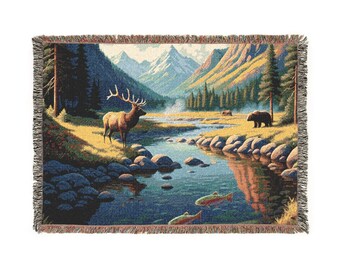 Mountain Stream Woven Blanket - Cozy Home Decor Throw, Nature Lover Gift, Cabin Blanket, Rustic Living Room Decor, Gift for Outdoorsy Friend