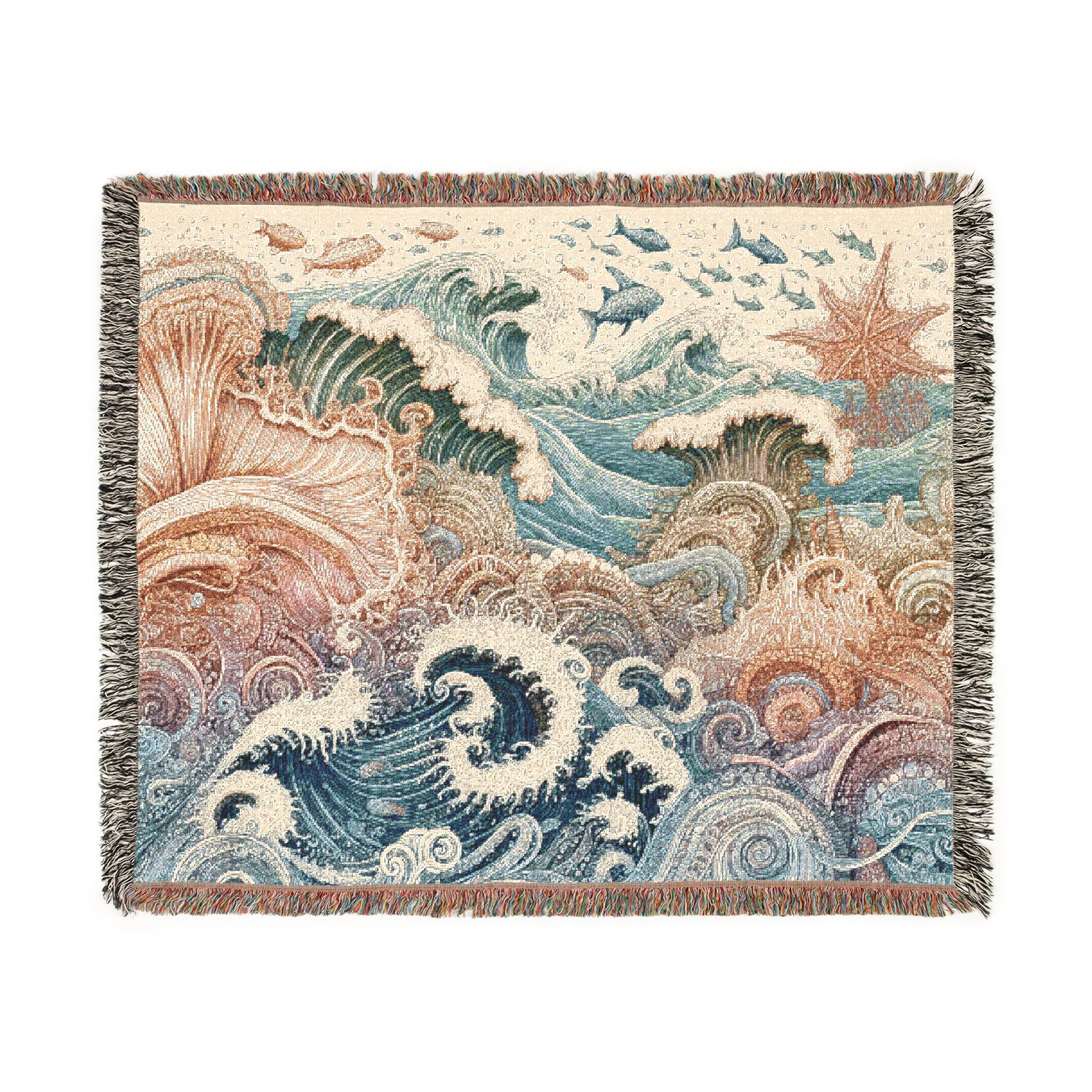 Colorful Sea Woven Blanket - Ocean Beach Home Decor, Coastal Throw