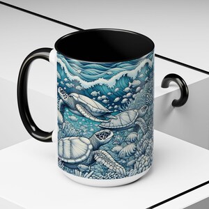 Sea Turtle Accent Mug - Ocean Beach Ceramic Cup with Handle, Coastal Animal Lover Tea Coffee Drinkware, Under The Sea Turtle Gift Kitchen