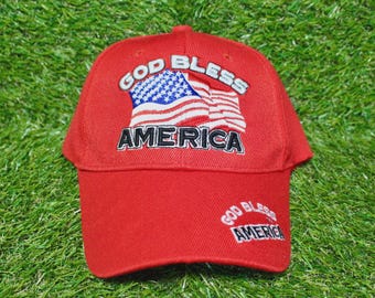 God Bless America Baseball Hat. American Flag Cap. Adjustable Red Hat. Veterans Day. Military Gift. God Bless America Hat