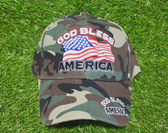 God Bless America Baseball Hat. American Flag Cap. Adjustable Camo Hat. Military Hat. Military Gift. God Bless America Hat. Veteran Hat