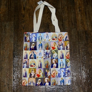 Jungfrau Maria Tragetasche - katholische Collage Print Tasche. 13x15 Religiöser Shopper. Wiederverwendbare Einkaufstasche Blessed Mother. Schultertasche | Mexikanische Tasche
