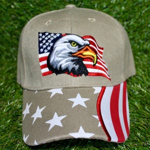 USA Baseball Hat. Embroidered American Flag Cap. American Bald Eagle Hat. Patriotic Gift. I Love USA. USA. Adjustable Khaki Hat. Bald Eagle