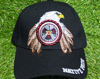 Native Pride Baseball Hat. Adjustable Black Hat. Gift. Dreamcatcher Hat. Native Pride. Bald Eagle Hat