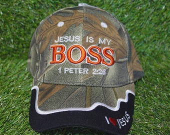 Jesus Is My Boss Baseball Hat. Embroidered I Love Jesus Hat. Adjustable Camo Hat. 1 Peter 2:25 Hat. Christian Gift. Jesus Loves You Hat