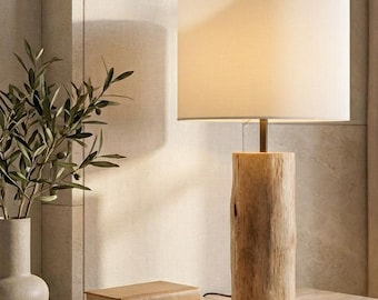 Lámpara de mesa de madera de roble – Lámpara de mesita de noche escandinava moderna – Lámpara de diseño hecha a mano con pantalla de tela en blanco, beige, gris y negro.