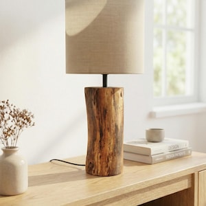 Lámpara de mesa moderna de madera: roble macizo, pantalla de tela, luz blanca cálida, estilo minimalista. imagen 2