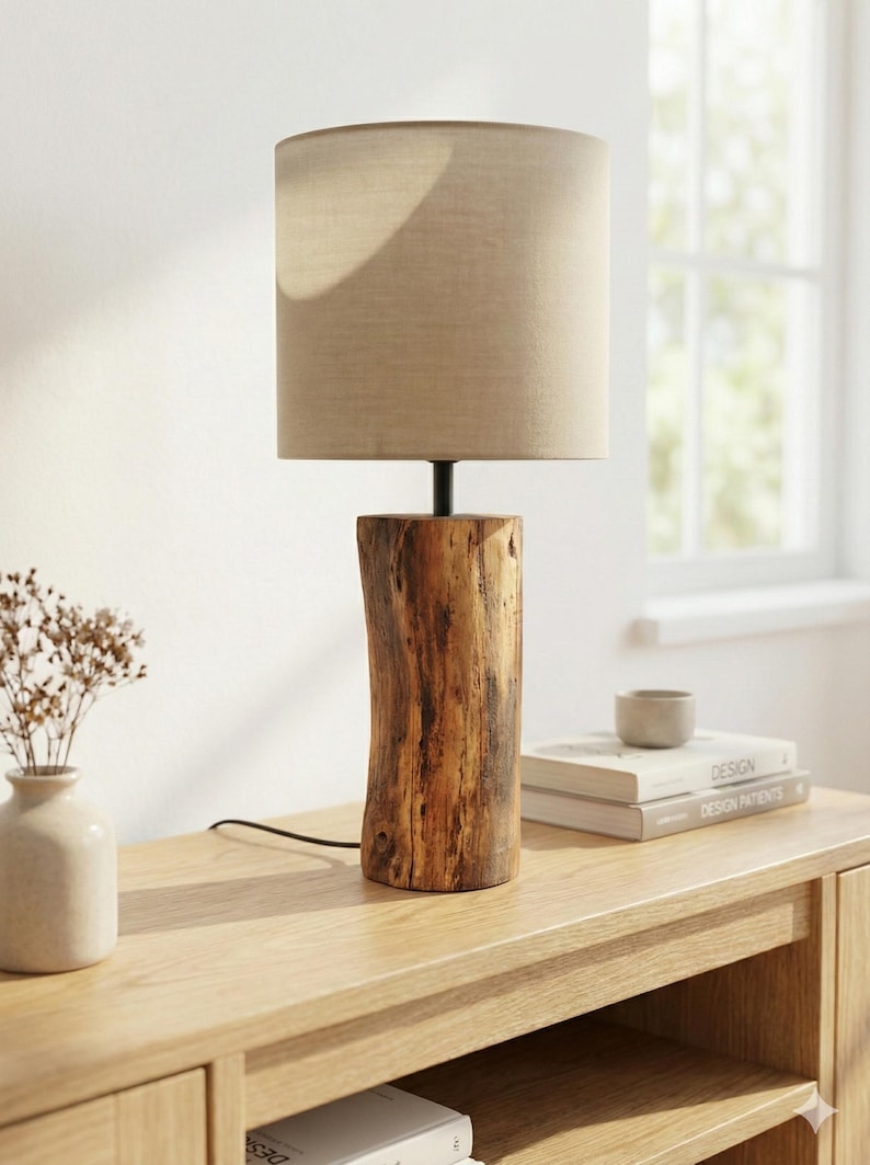 Lámpara de mesa moderna de madera: roble macizo, pantalla de tela, luz blanca cálida, estilo minimalista. imagen 2