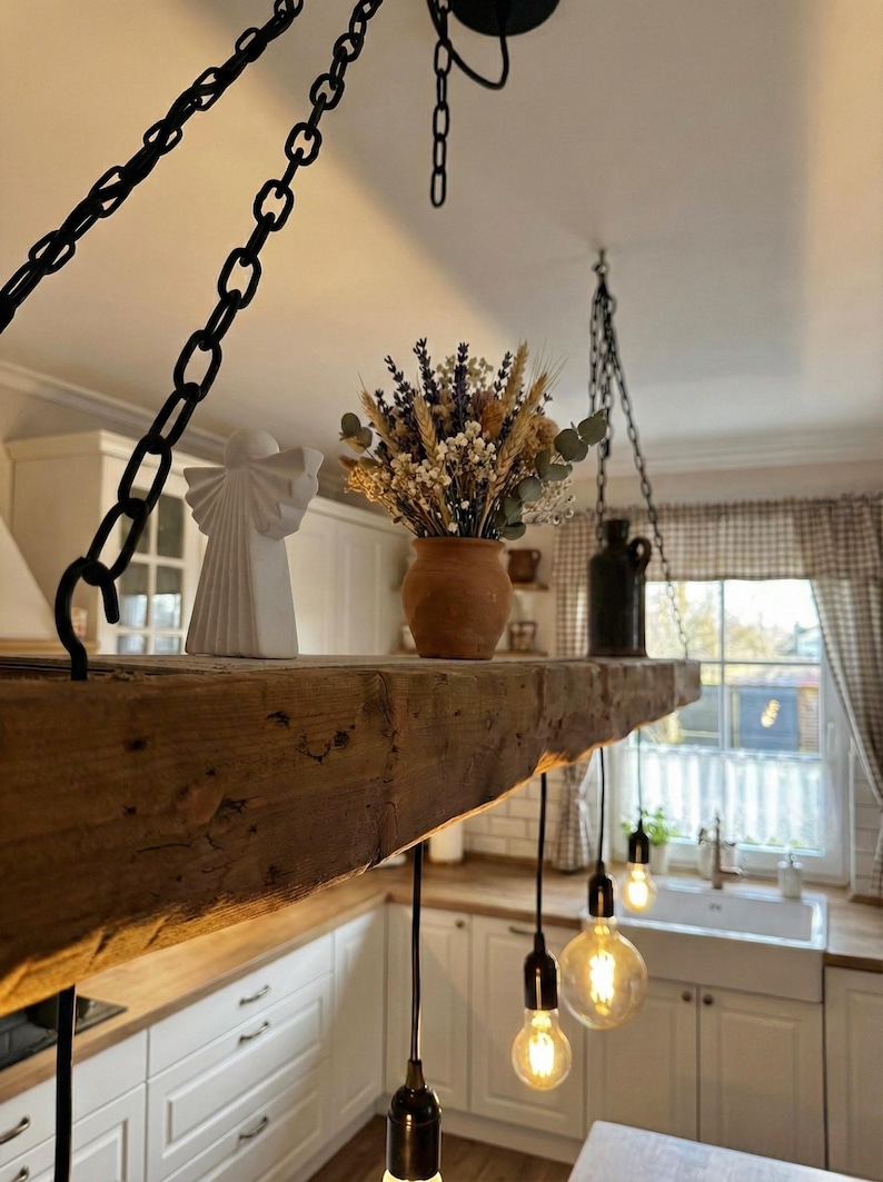 Rustic wooden ceiling lamp made from upcycled construction timber – Handcrafted pendant light in country house & industrial style image 3