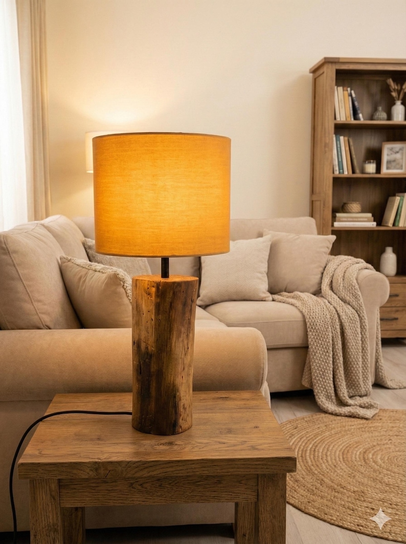 Puede incluir: Una l&aacute;mpara de mesa r&uacute;stica con base cil&iacute;ndrica de madera y pantalla &aacute;mbar. La l&aacute;mpara est&aacute; sobre una mesita de madera en un sal&oacute;n acogedor. La altura de la l&aacute;mpara es de aproximadamente 61 cm.