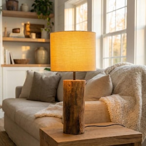 Puede incluir: L&aacute;mpara de mesa r&uacute;stica con base cil&iacute;ndrica de madera y pantalla de lino beige. Se encuentra sobre una mesita de madera. La habitaci&oacute;n presenta una paleta de colores neutros, con un sof&aacute; y luz natural.