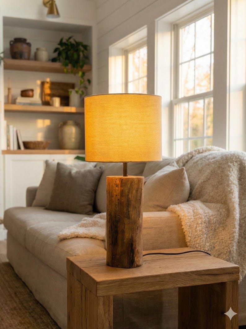 Puede incluir: L&aacute;mpara de mesa r&uacute;stica con base cil&iacute;ndrica de madera y pantalla de lino beige. Se encuentra sobre una mesita de madera. La habitaci&oacute;n presenta una paleta de colores neutros, con un sof&aacute; y luz natural.