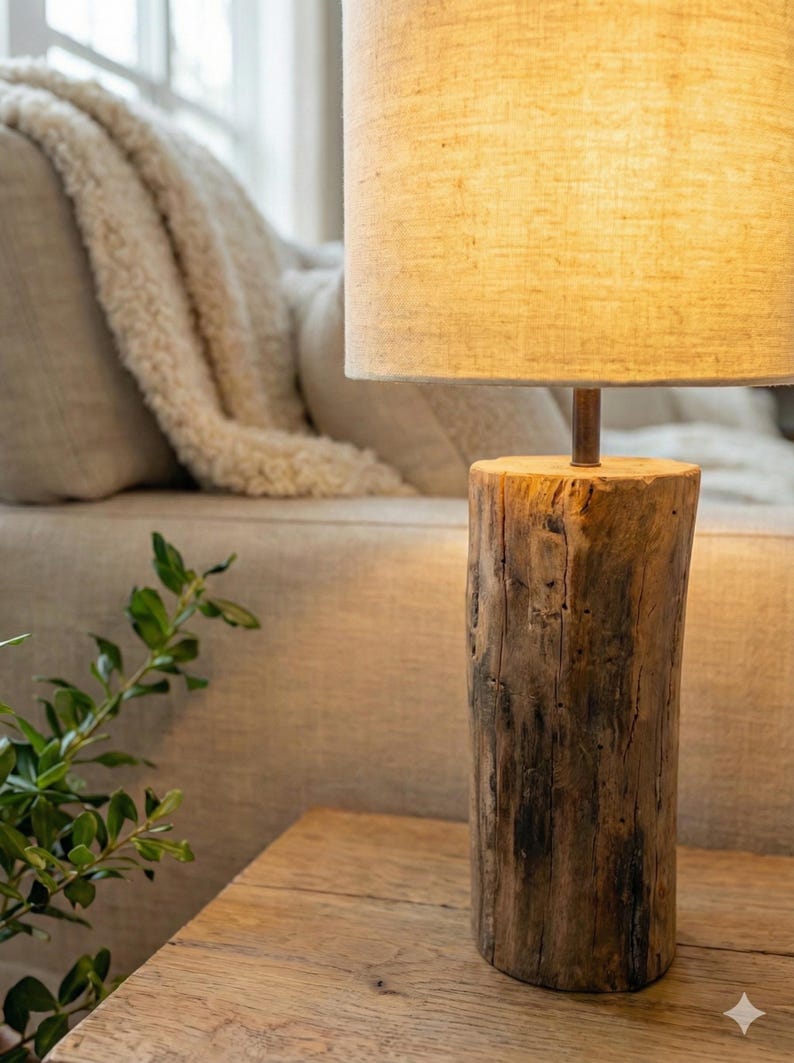 Puede incluir: Una l&aacute;mpara de mesa r&uacute;stica con una base cil&iacute;ndrica de tronco de &aacute;rbol. La l&aacute;mpara tiene una pantalla de lino beige y una varilla met&aacute;lica que conecta la pantalla a la base. La l&aacute;mpara est&aacute; sobre una mesa de madera, con un sof&aacute; y una planta al fondo.