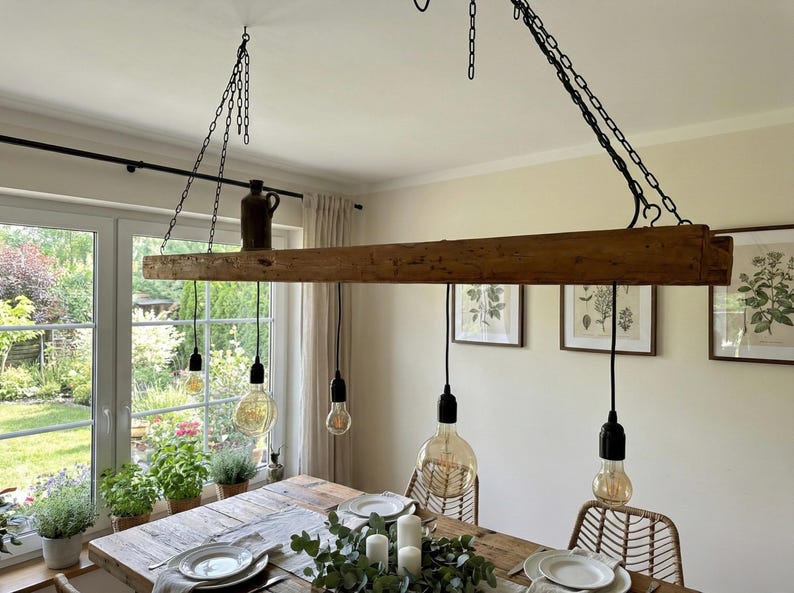 Rustic wooden ceiling lamp made from upcycled construction timber – Handcrafted pendant light in country house & industrial style image 11