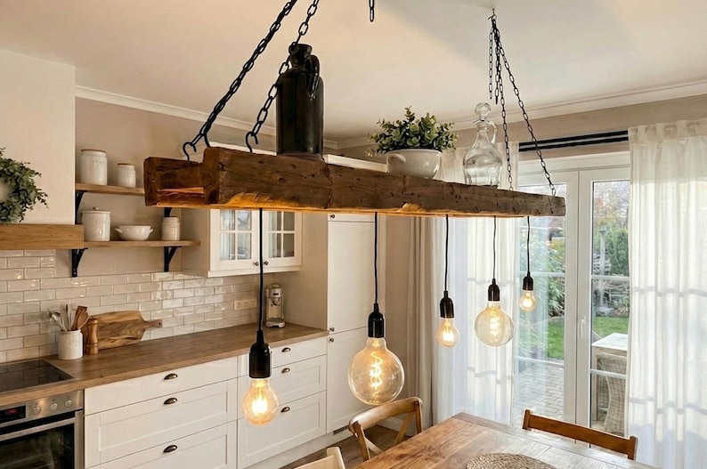 Rustic wooden ceiling lamp made from upcycled construction timber – Handcrafted pendant light in country house & industrial style image 6