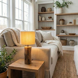 Puede incluir: L&aacute;mpara de mesa r&uacute;stica con base cil&iacute;ndrica de tronco de &aacute;rbol. La pantalla es de lino beige. Se encuentra sobre una mesita auxiliar cuadrada de madera. La habitaci&oacute;n presenta una paleta de colores neutros con sof&aacute;, alfombra y estanter&iacute;as empotradas.