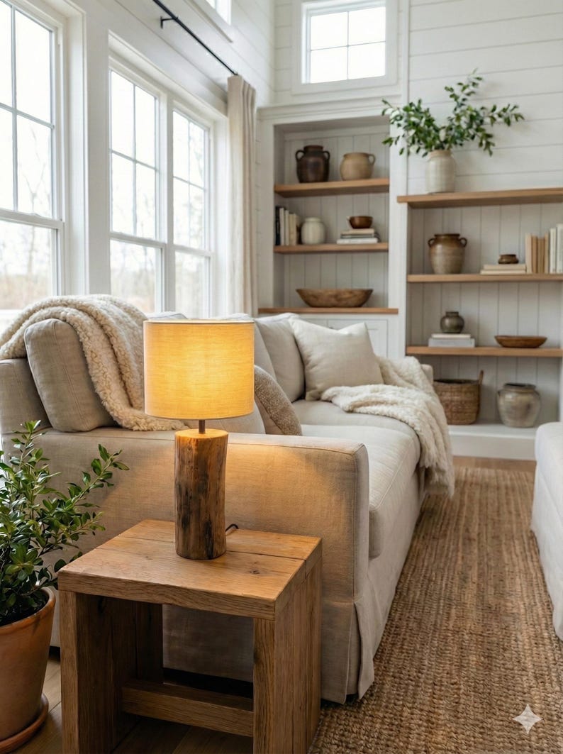 Puede incluir: L&aacute;mpara de mesa r&uacute;stica con base cil&iacute;ndrica de tronco de &aacute;rbol. La pantalla es de lino beige. Se encuentra sobre una mesita auxiliar cuadrada de madera. La habitaci&oacute;n presenta una paleta de colores neutros con sof&aacute;, alfombra y estanter&iacute;as empotradas.