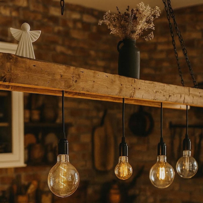 Rustic wooden ceiling lamp made from upcycled construction timber – Handcrafted pendant light in country house & industrial style image 10