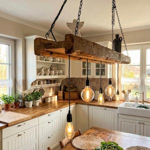 Rustic wooden ceiling lamp made from upcycled construction timber – Handcrafted pendant light in country house & industrial style image 2
