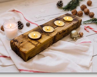 Portavelas de Adviento de madera para 4 velas de té – Alternativa a la corona de Adviento – Decoración navideña hecha a mano – Idea de regalo para Adviento y Navidad