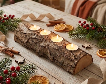 Corona de Adviento rústica hecha con tronco de árbol | Portavelas de madera | Decoración navideña natural | Idea de regalo de Navidad hecho a mano | Portavelas