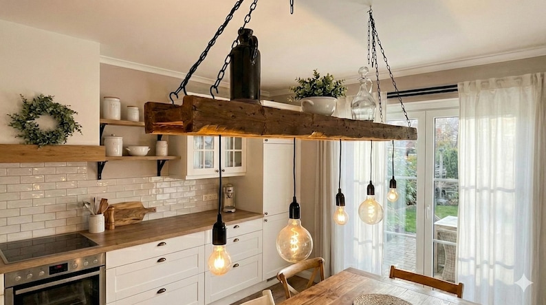 Rustic wooden ceiling lamp made from upcycled construction timber – Handcrafted pendant light in country house & industrial style image 1