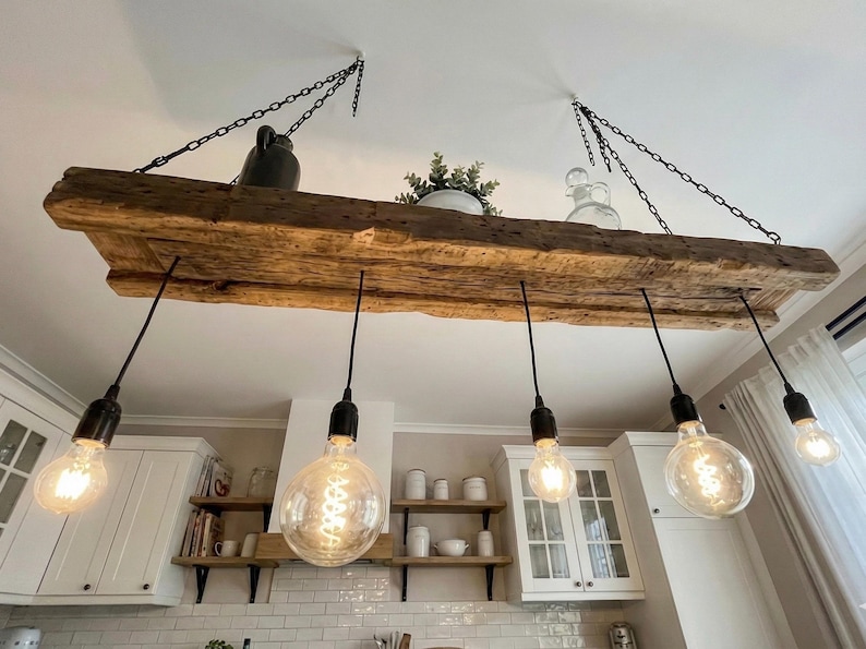 Rustic wooden ceiling lamp made from upcycled construction timber – Handcrafted pendant light in country house & industrial style image 8