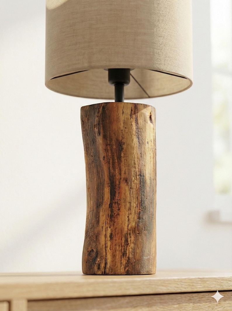 Lámpara de mesa moderna de madera: roble macizo, pantalla de tela, luz blanca cálida, estilo minimalista. imagen 3
