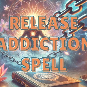 May include: A digital illustration of a person breaking free from chains with the words "Release Addiction Spell" in orange text on a blue background.