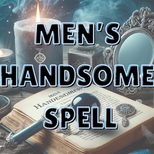 Puede incluir: Un libro con el título "Men's Handsomeness Spell" sobre una superficie de madera oscura con velas, una bola de cristal y otros objetos mágicos.